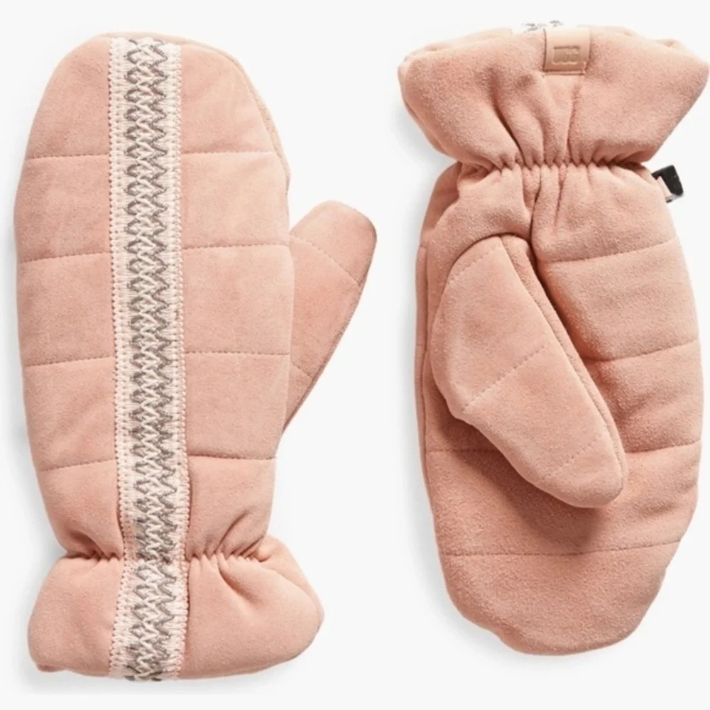 UGG® Tasman Quilted Suede Lined Mittens APPLE BLOSSOM Logo Tag NWT